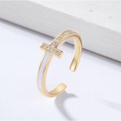 925 Sterling Silver Jewelry White Cross CZ Half Enamel Opening Size Ring Party Gifts