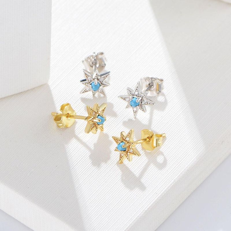 925 Sterling Silver Women Minimalist Small Sun Turquoise Star Earrings