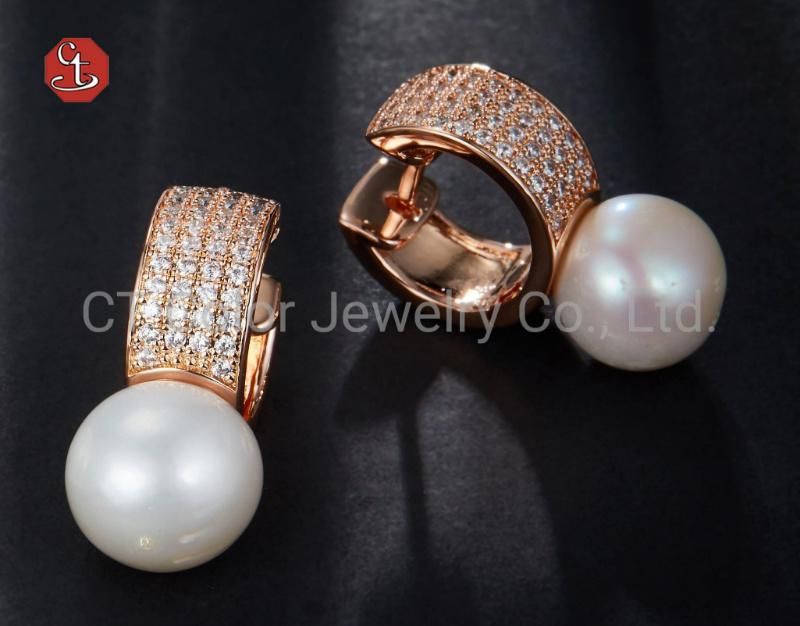 Wholesale Woman Fashion Jewelry with Crystal Natural Round Pearl Silver Earring Silver Jewelry