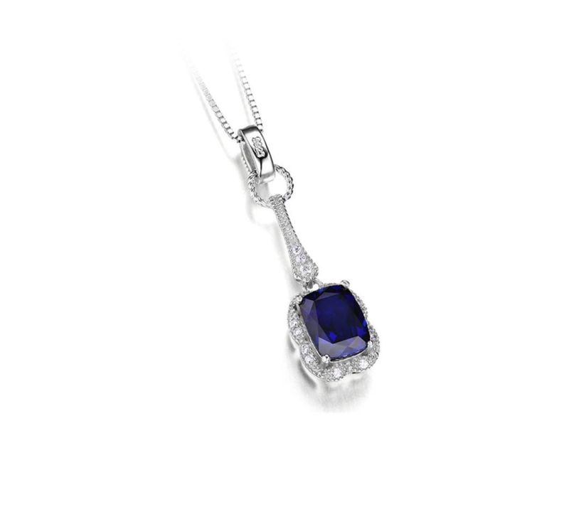Created Blue Sapphire Pendant Necklace Elegant Rectangle 925 Sterling Silver Jewelry