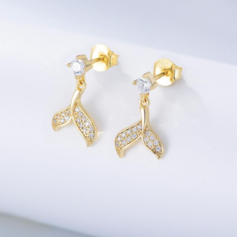 Newest Design Women Tiny Ear Earrings Gold Plated Fish Tail Cubic Zircon Stud Earrings