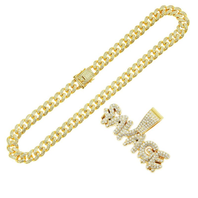 Trend Accessories Full Diamond Splicing Letter Pendant Cuban Chain Necklace