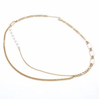 Stainless Steel Jwellery Gold Plated Classic Layer Modern Fresh Pearl Nk Cable Crossed Chain Necklace for Ladies