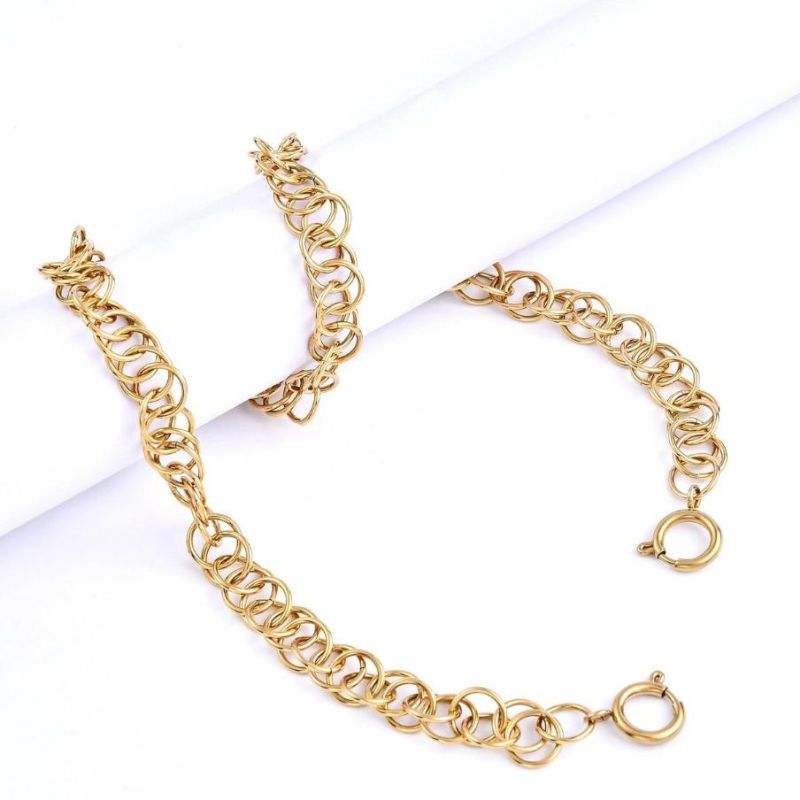 New Design Stainless Steel Fashion Jewelry IP Gold Coated Round Circle Links Chain Necklace 18inch for Lady