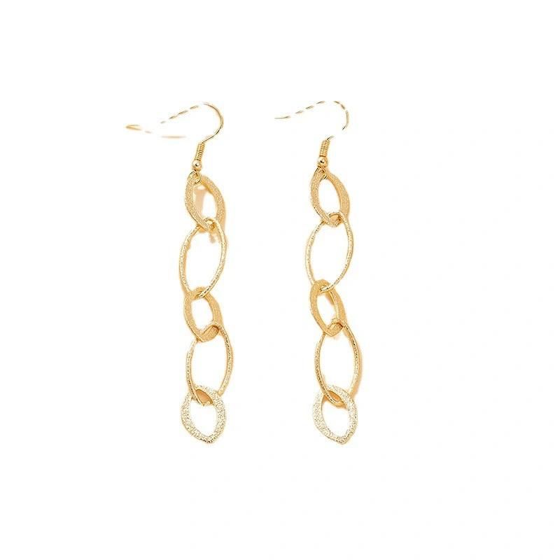 Fashion Jewelry New Simple Sandblast Oval Shape Link Long Drop Women Fishhook Earrings in 18K Gold Plated Accessories