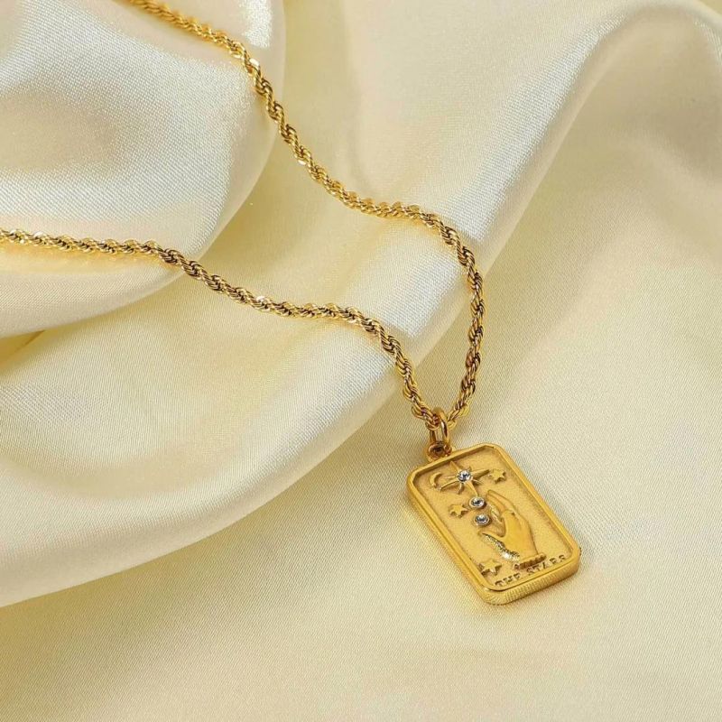 Factory Customized Fashion Hand Carved Zircon Gold-Plated Stainless Steel Rectangular Pendant Simple Necklace Jewelry
