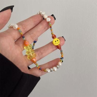 Fashion Colorful Crystal Beaded Pearl Smiley Bear Beaded Necklaces for Women