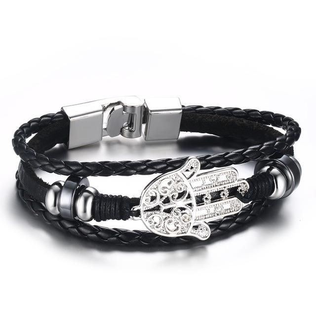 Black Leather Rope Hamsa Hand Fashion Bracelet Jewelry Promotion Gift