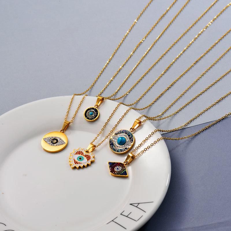 Blue Rhinestone Evil Eye Necklace Gold Necklace Stainless Steel Necklace