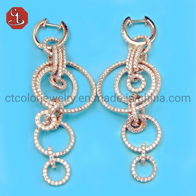 Hot Sale Rhodium Plated 925 Sterling Silver Fine Jewelry Interlocking Round Circle Micro Pave CZ Dangle Earrings