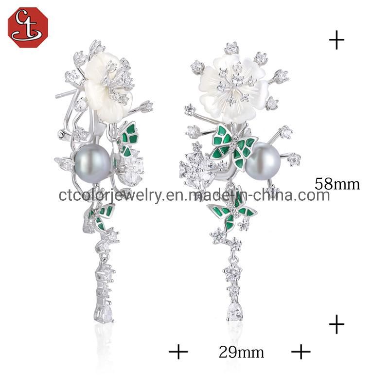 New Style 925 Silver Jewelry Green Winged MOP Flower Earrings