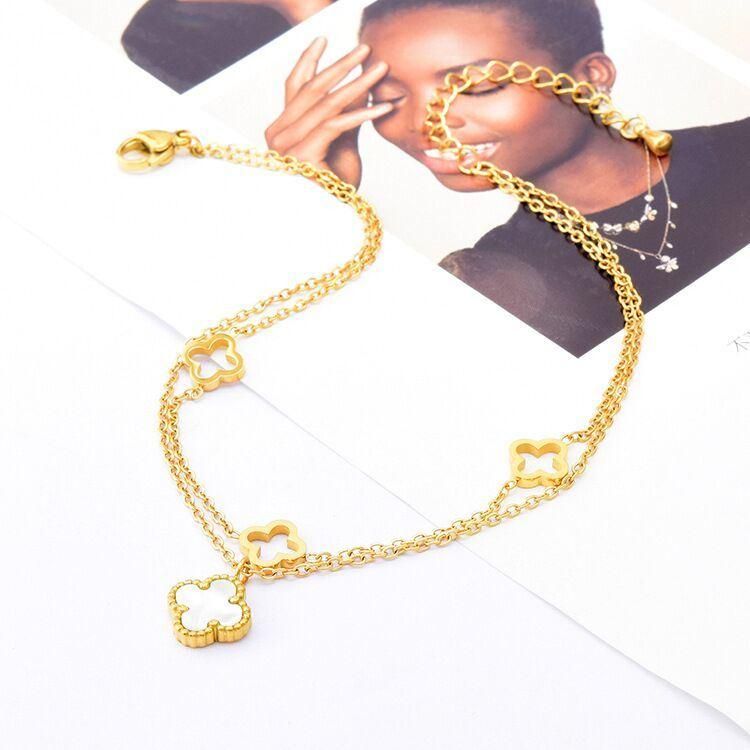 Factory Customized Fashion Exquisite Gold Anklet Waterproof Stainless Steel Clover Fancy Anklet Wholesale Replica Jewelry