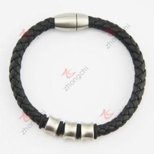 Black Waved Leather Stainless Steel Magnet Clasp Bangle (LB)