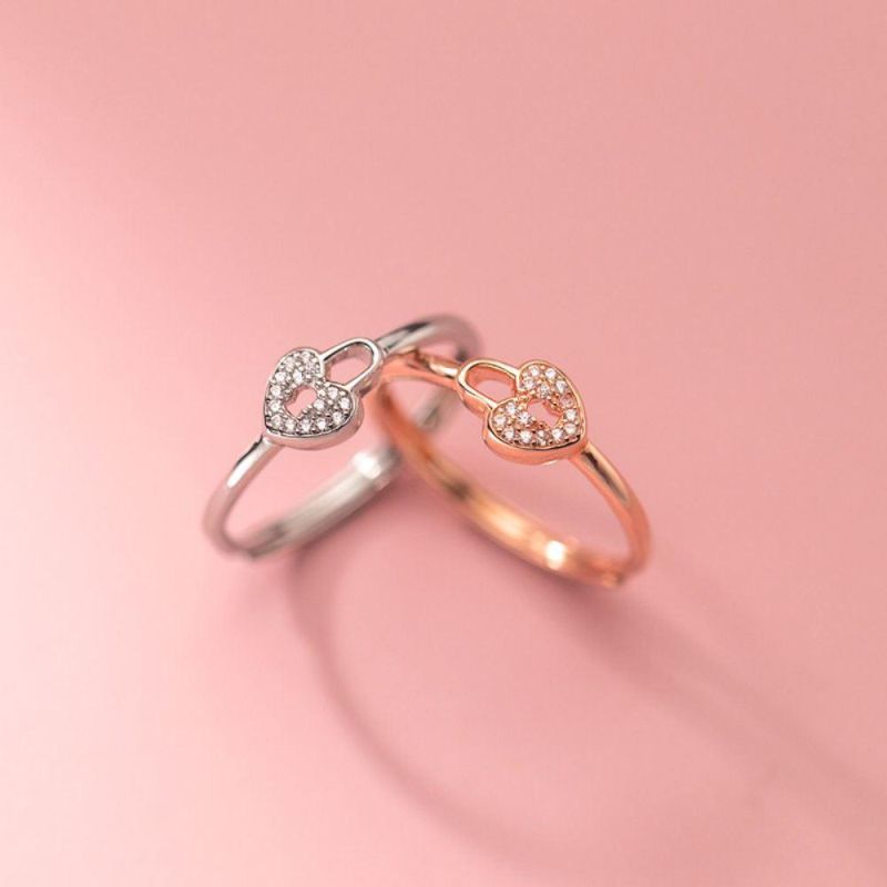 925 Sterling Silver Zircon Heart Lock Adjustable Ring Women Exquisite Sweet Wedding Jewelry