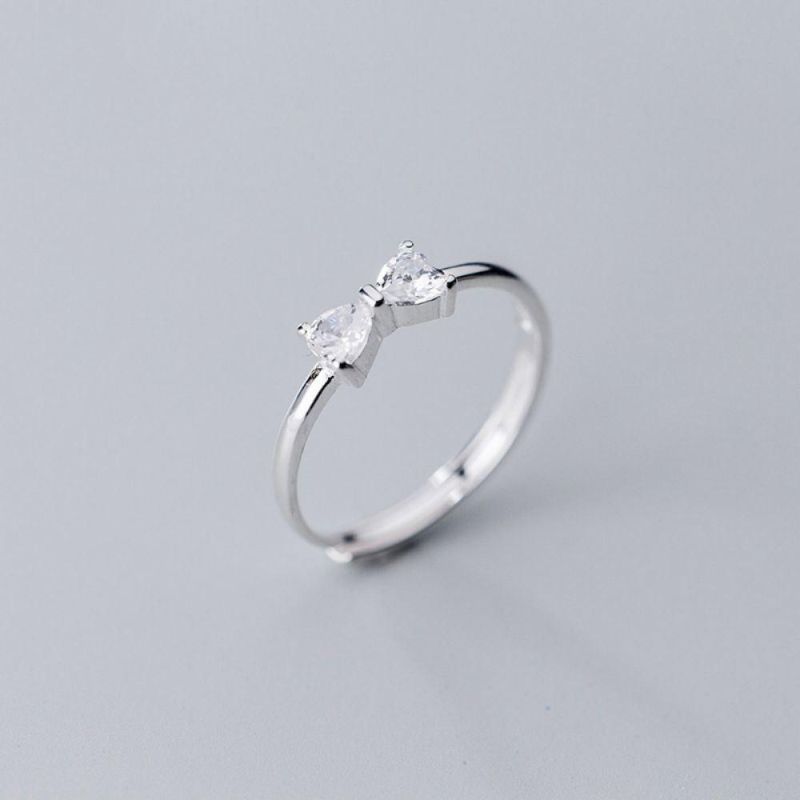 Real 925 Sterling Silver Ring Shiny Bowknot with Zircon Adjustable Ring Women Engagement Fashion Party Jewelry