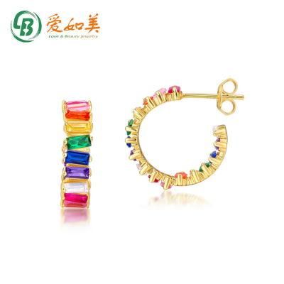 New Arrival Fashion Luxury 925 Sterling Silver Jewelry High Quality Colorful Stone Rainbow Baguette CZ Stud Earrings for Women