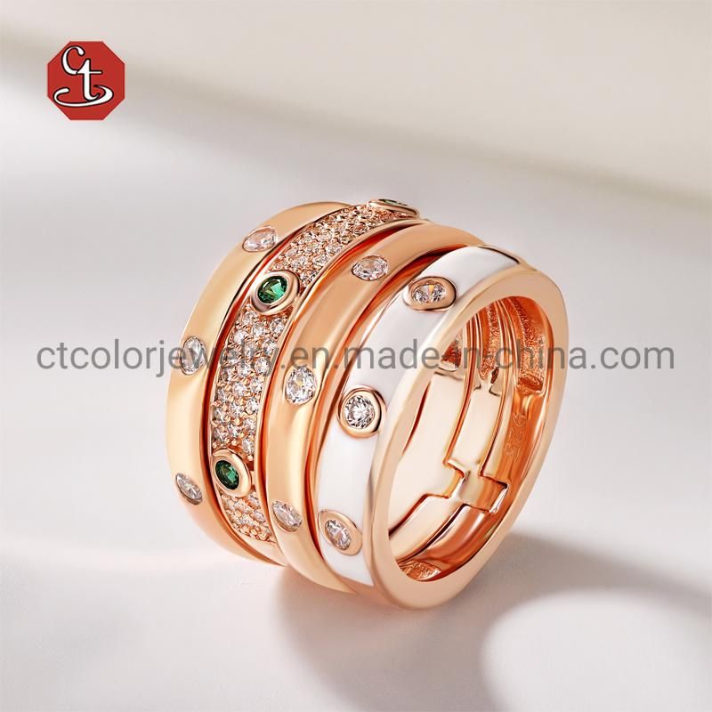 Fashion Silver or Brass Ring White Enamel Pave Shiny Crystal CZ Ring