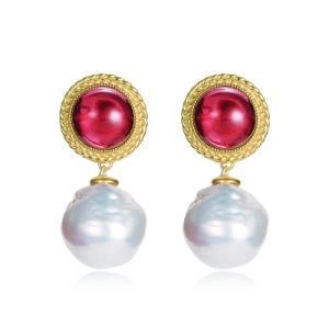 New Design Girl&prime;s Jewelry Synthetic Ruby Stone Baroque Fresh Water Pearl S925 Silver Tassel Drop Earrings