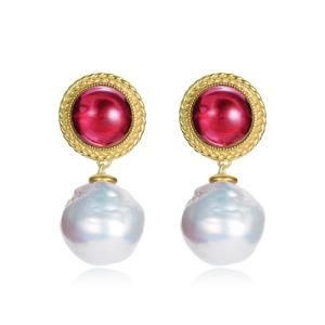 New Design Girl&prime;s Jewelry Synthetic Ruby Stone Baroque Fresh Water Pearl S925 Silver Tassel Drop Earrings