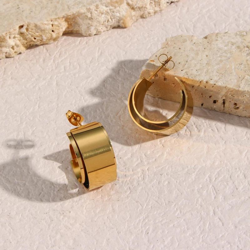 Factory Customized Fashion Jewelry Fashion Personality Ins Temperament Earrings Jewelry Women′s Stainless Steel 18K Gold Plated Double-Layer Wide Smooth Earring