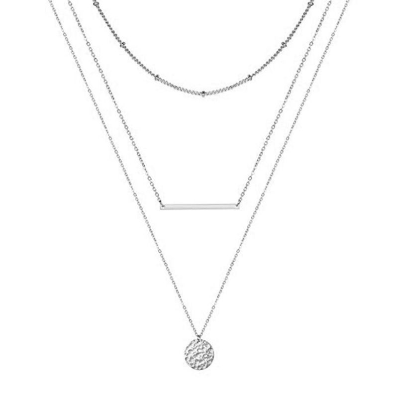 Women Silver Gold Disc Layered Choker Necklace