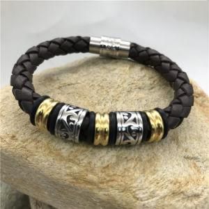High Quality Gents Stainless Steel Woven Leather and Gold Bracelets