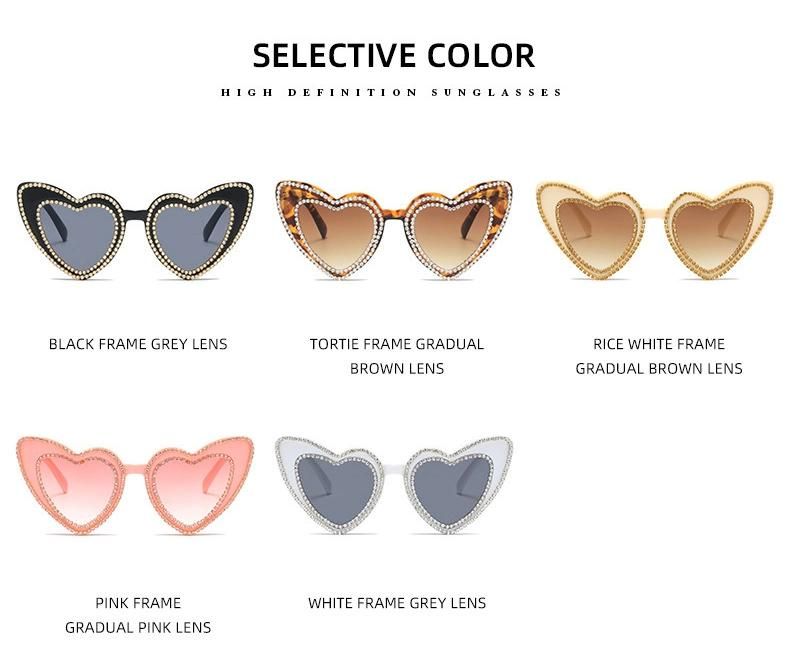 2022 Women Wholesale Arrival Hot Selling Frame Love Heart Shaped Diamond Sun Glasses Fashion Trendy Sunglasses