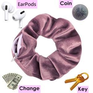 2021 Wholesale New Creative Multifunctional Scrunchie with Zipper Solid Colour Soft Velvet Scrunchie with Pocket