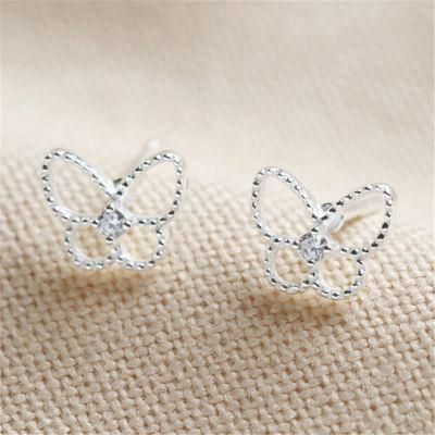 Brass Mini Silver Sparkle Cut Heart Stud Earrings with Cubic Zircon Stones for Women Girls Lady Fashion Jewelry