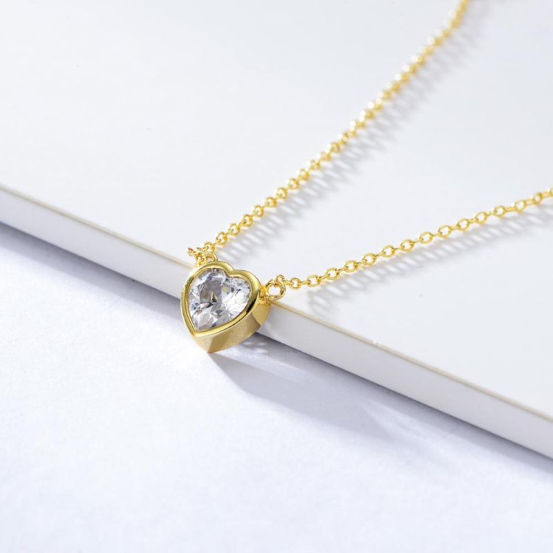 Minimalist Heart-Shaped Bezel Zircon Love Sterling Silver 925 Pendant Charm Necklace for Temperament Girls