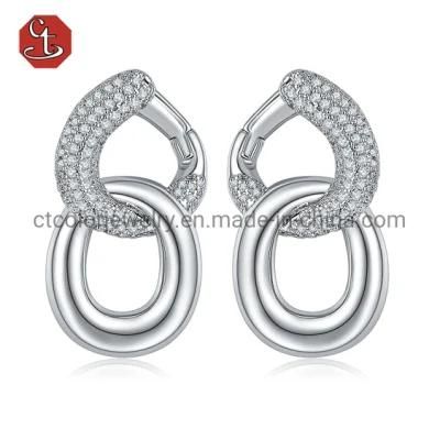 High Quality Link Hoop Earring CZ Stone Circle Round Silver Earring