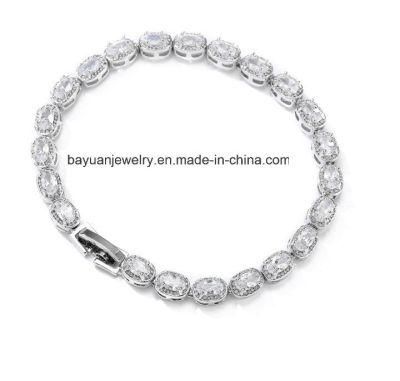 Gleaming Oval Cubic Zirconia Crystal Elegant White Gold Plated Wedding Tennis Bracelet for Women
