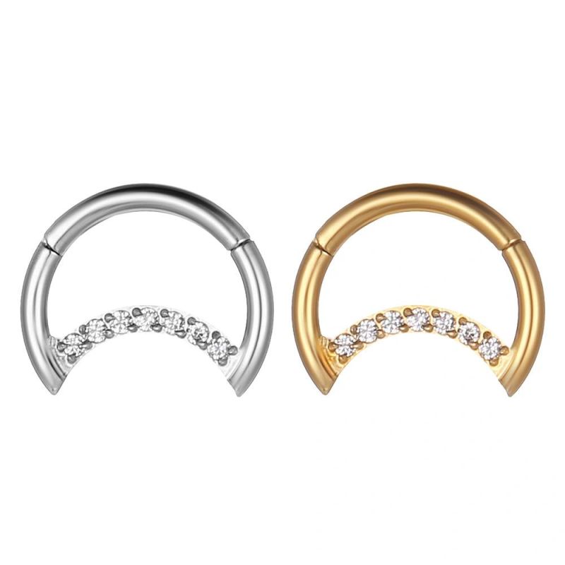 Nose Rings Hoop-G23 Titanium Hinged Septum Clicker Inlaid Clear CZ Moon Body Piercing jewelry 16g 6mm to 12mm