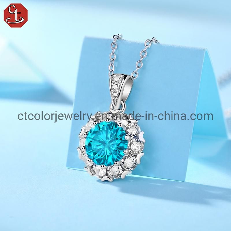 Hot Sale Fashion Jewelry Bule Moissanite Pendant Silver Necklace Women Jewellery