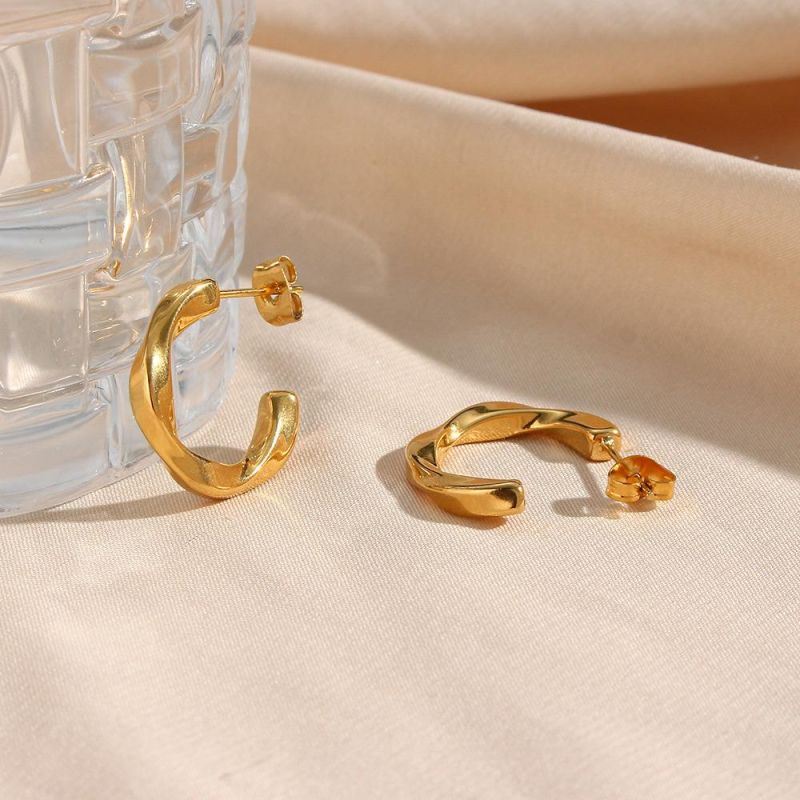 Factory Wholesale High-Quality Female Fashion Jewelry 18K Gold-Plated Stainless Steel Wide Size Twisted Ring Earrings