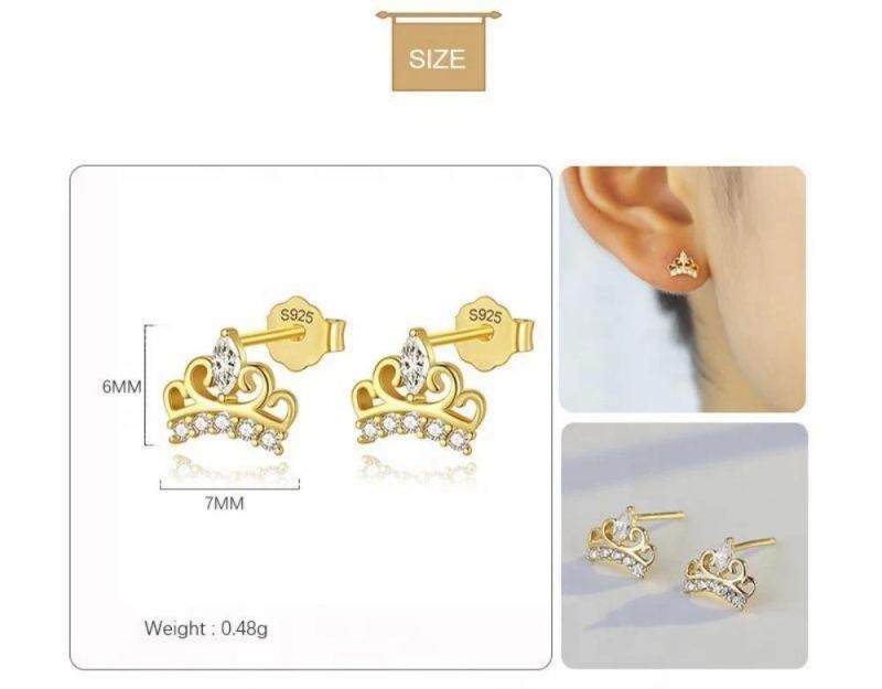 Simple Zircon Crown Stud Earrings Real 925 Sterling Silver for Women Classic Temperament Girls Jewelry Gift