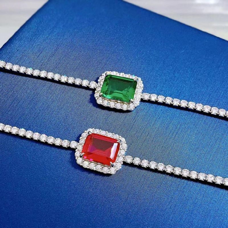 Fashion Jewelry 925 Sterling Silver Ice out Diamond Tennis Chain Big Ruby Emerald Charm Wedding Bracelet for Women Girls