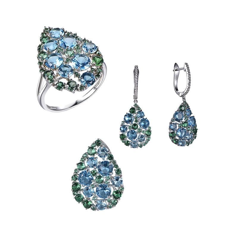 925 Silver Luxury Glass Flower Earring and Pendant Fashion Jewelry Sets for Wedding