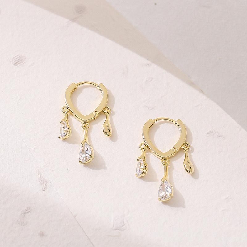 New Design Gold Plated Brass Alloy Teardrop Huggie Water Shape Cubic Zircon Women Earrings