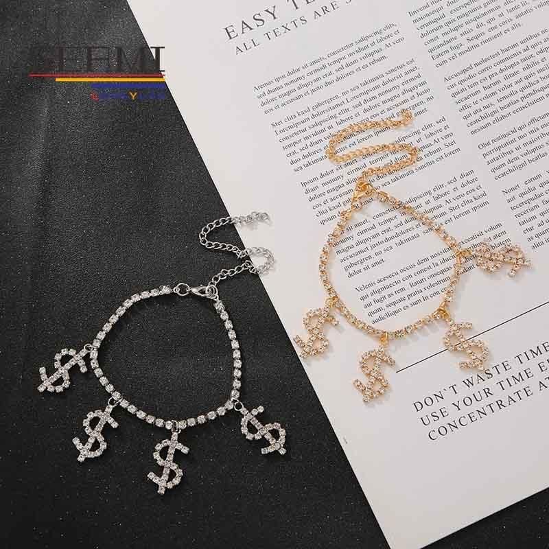 Rhinestone Dollars Cubic Zirconia Gold Charm Anklet Bracelet for Women