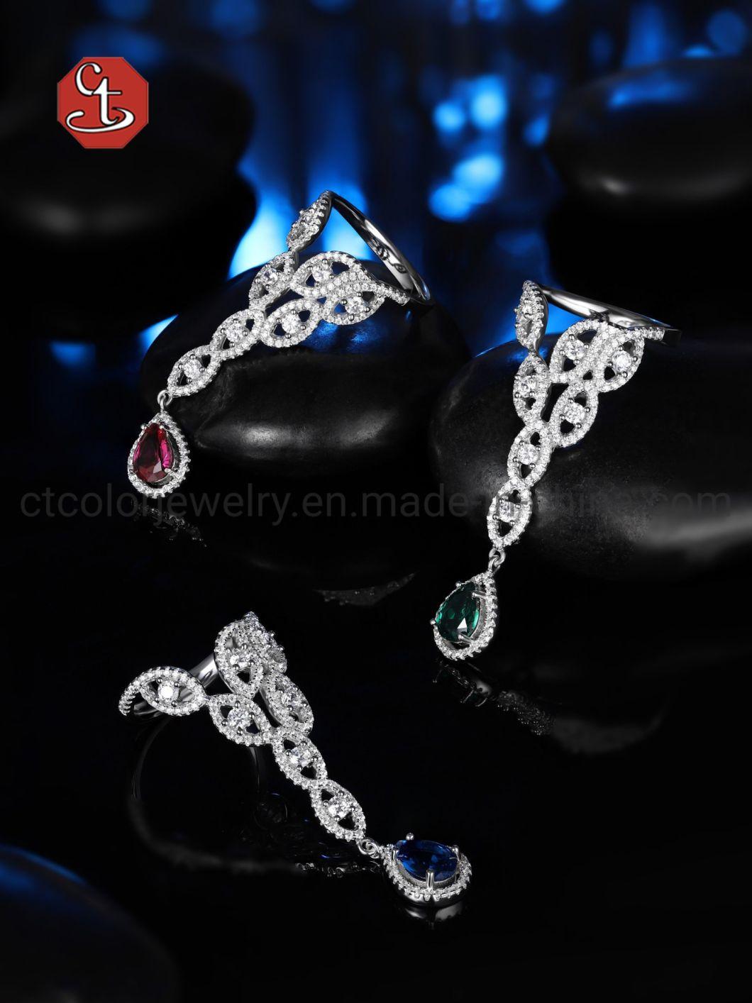Water Drop Created Ruby/Green/Blue Gemstone Rings Silver Dangle Micro Setting Silver Ring