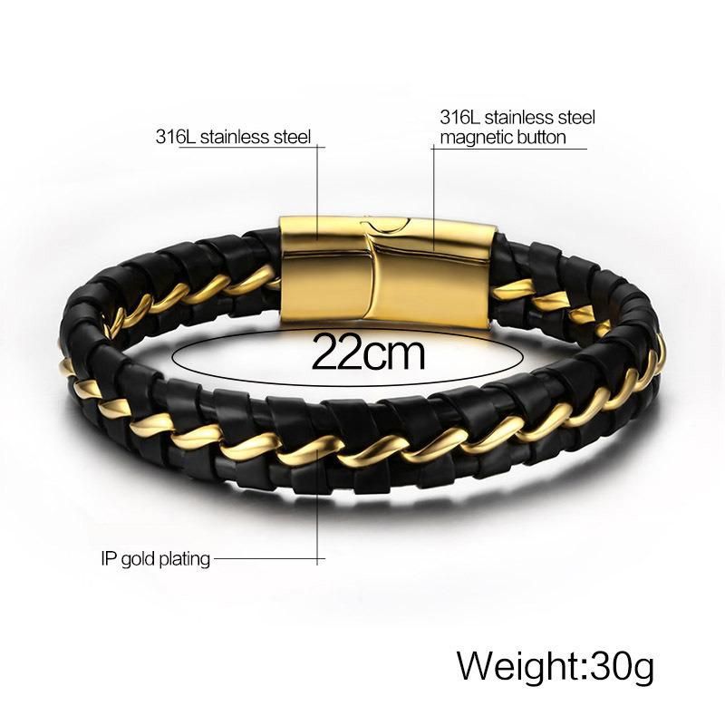 Fashion Leather Bracelet Gold Wire Design Magnetic Button for Men and Women