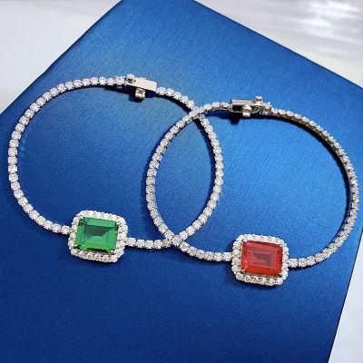 Fashion Jewelry 925 Sterling Silver Ice out Diamond Tennis Chain Big Ruby Emerald Charm Wedding Bracelet for Women Girls