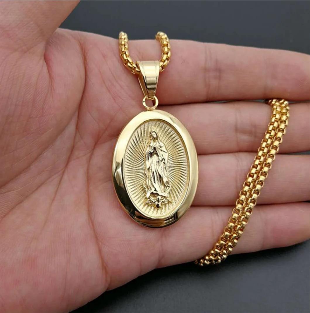 European and American Cross-Border New Hip-Hop Hiphop Jewelry Titanium Steel Casting Gold-Plated Diamond Catholic Madonna Pendant Spt2802