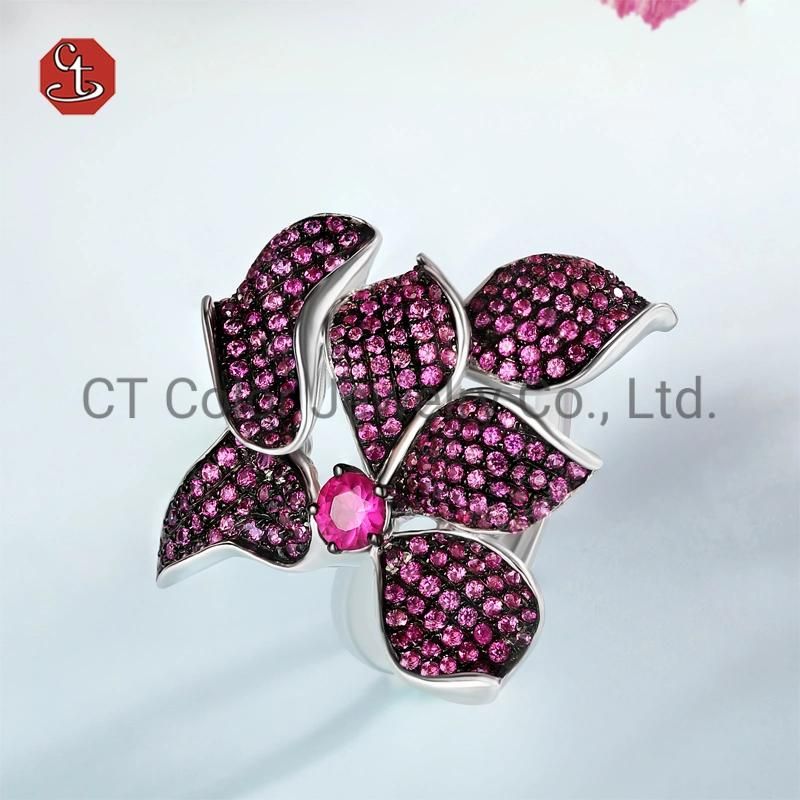 Classic Jewelry 925 Sterling Silver Ruby Stone Flower Design Fine Ring