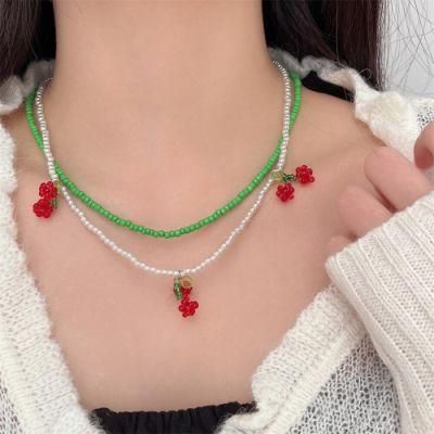 Red Cherry Green White Crystal Beads Pendant Necklaces for Women