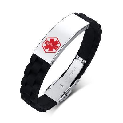 Euramerican Style Fashion Stainless Steel Curved Brand Corrosion Red Blue Medical Logo Silicone Bracelet