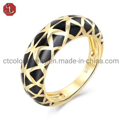Fashion Black Enamel Silver Brass 18K Gold Plated Fine Jewelry Ring