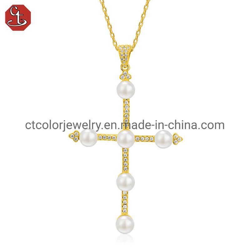 Wholesale fashion 925 silver cross shape 5A CZ nature pearl jewelry necklace
