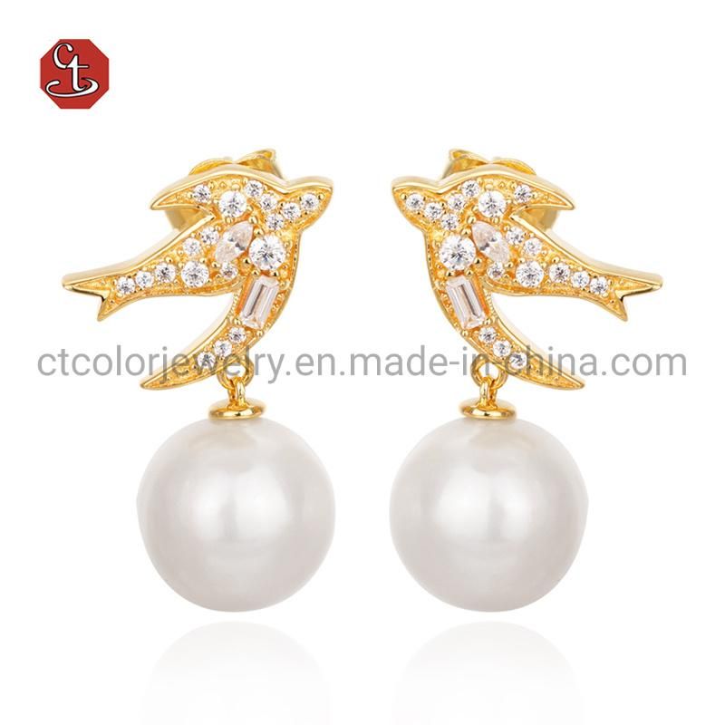 925 Sterling Silver and rass Fashion Jewelry Pearl Earrings for Jewelry Design bird Shape Shell Pearl Stud Earring